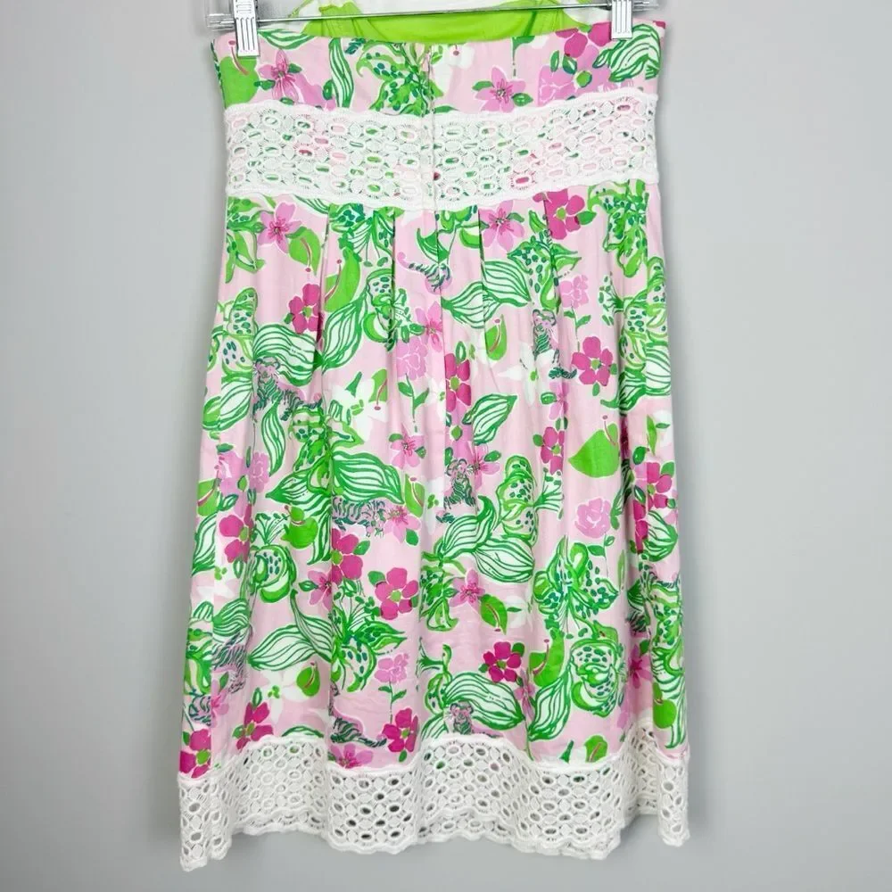 LILLY PULITZER | Floral Strapless Pink Green Dress Lace Trim Women’s Size 2 - Picture 7 of 9